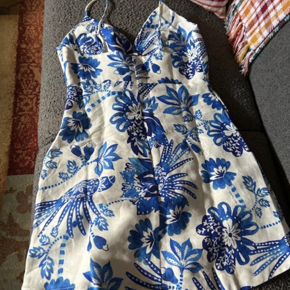 Farm Rio FloralBirds Off White 100% Linen Mini Dress with Adjustable Straps - Picture 12 of 15